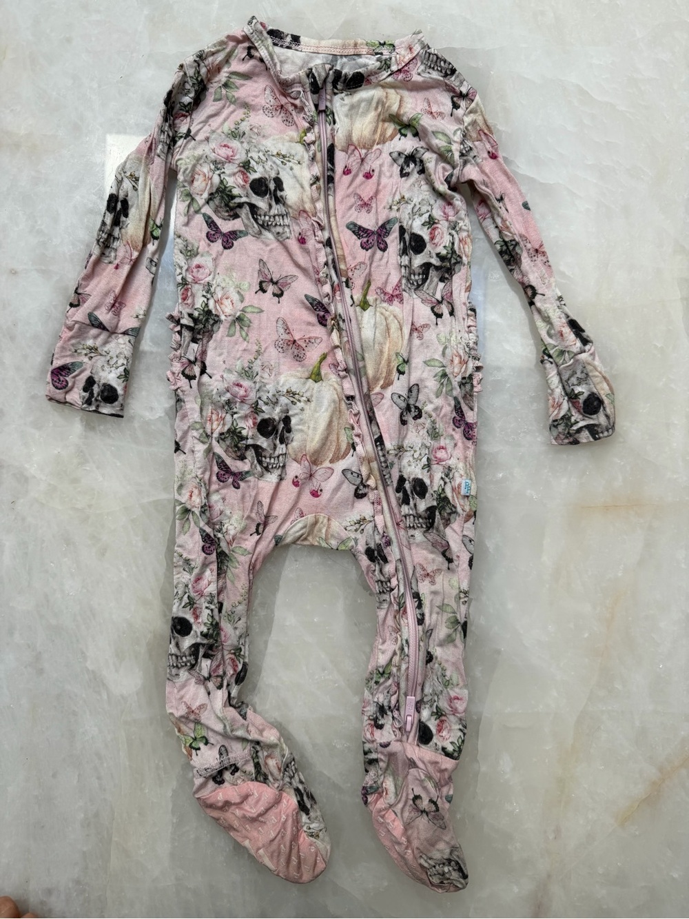 Posh Peanut Pink Floral & Skull Footed One-Piece Halloween